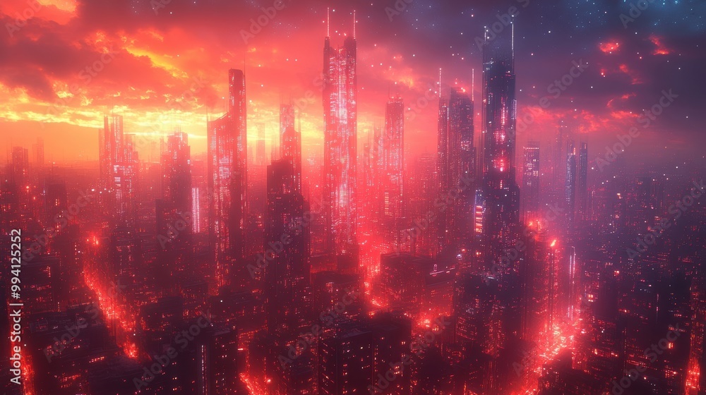 A Futuristic Metropolis bathed in a Crimson Glow with an ethereal sky filled with stars A Futuristic Metropolis bathed in a Crimson Glow with an ethereal sky filled with stars