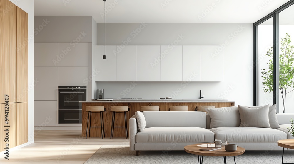 Modern living room and kitchen interior with minimalist design, featuring neutral colors and natural lighting. Modern living room and kitchen interior with minimalist design, featuring neutral colors and natural lighting.