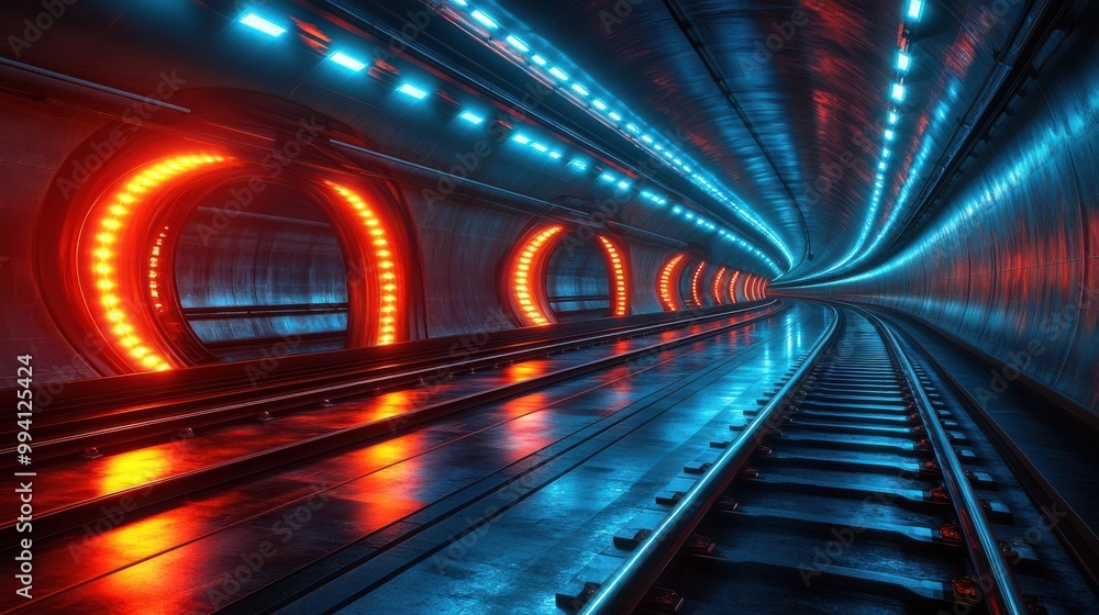 A futuristic train tunnel with illuminated circular openings and a glowing rail track