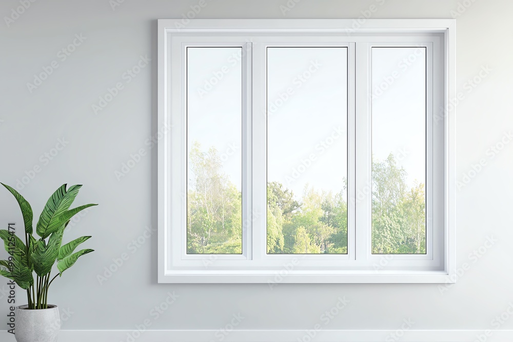 Modern window design in a bright room, featuring lush greenery outside, creating an inviting atmosphere. Modern window design in a bright room, featuring lush greenery outside, creating an inviting atmosphere.