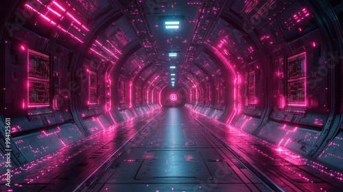 A futuristic tunnel illuminated by neon lights, featuring a glowing pink circle at the end of the pathway