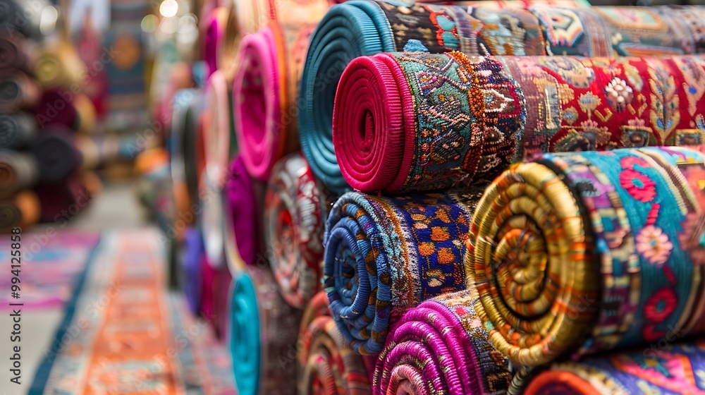 Fototapeta premium Vibrant rugs on show neatly coiled up in a home decoration shop