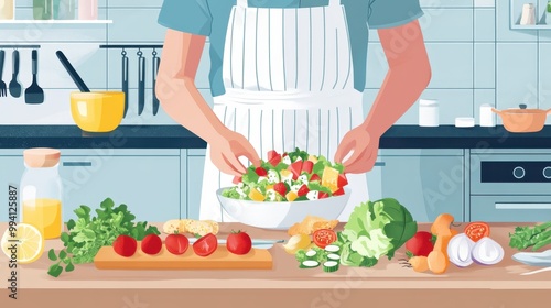 A kitchen scene with a person preparing a nutritious salad, with various fresh ingredients laid out.