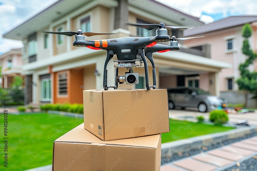 Drone delivering package to modern urban home, highlighting advanced technology in service delivery Drone delivering package to modern urban home, highlighting advanced technology in service delivery