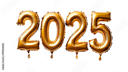 3d font number "2025" isolated on transparent background happy new year eve foil balloons