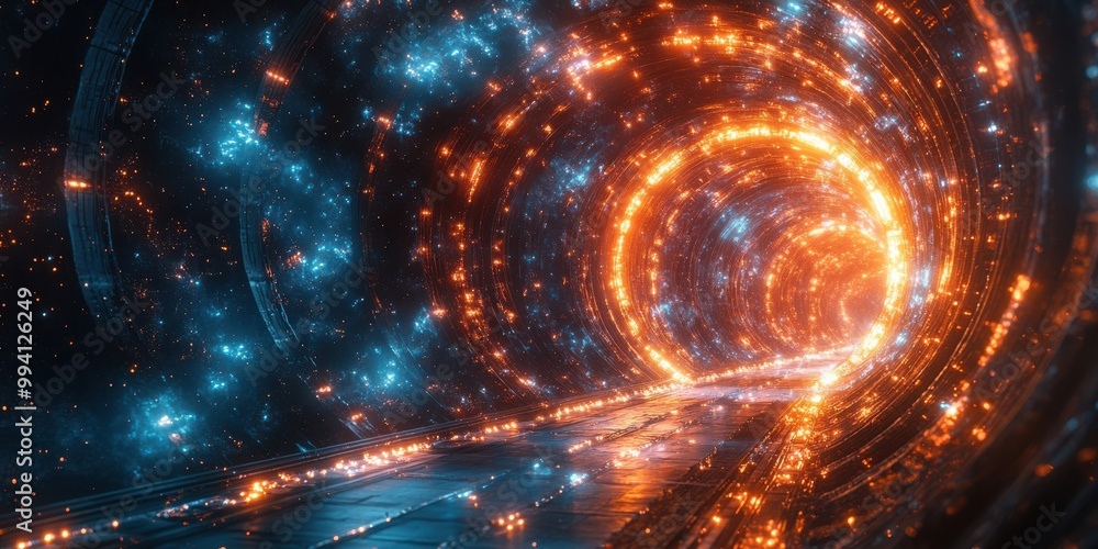 A futuristic tunnel with vibrant blue and orange lights, radiating a sense of cosmic energy and endless possibilities A futuristic tunnel with vibrant blue and orange lights, radiating a sense of cosmic energy and endless possibilities