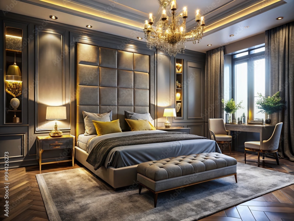 Elegant Grey and Gold Bedroom Interior Design with Cozy Textures and Modern Aesthetic Appeal Elegant Grey and Gold Bedroom Interior Design with Cozy Textures and Modern Aesthetic Appeal