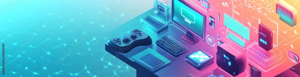 A vibrant digital workspace filled with gaming and tech elements. A vibrant digital workspace filled with gaming and tech elements.