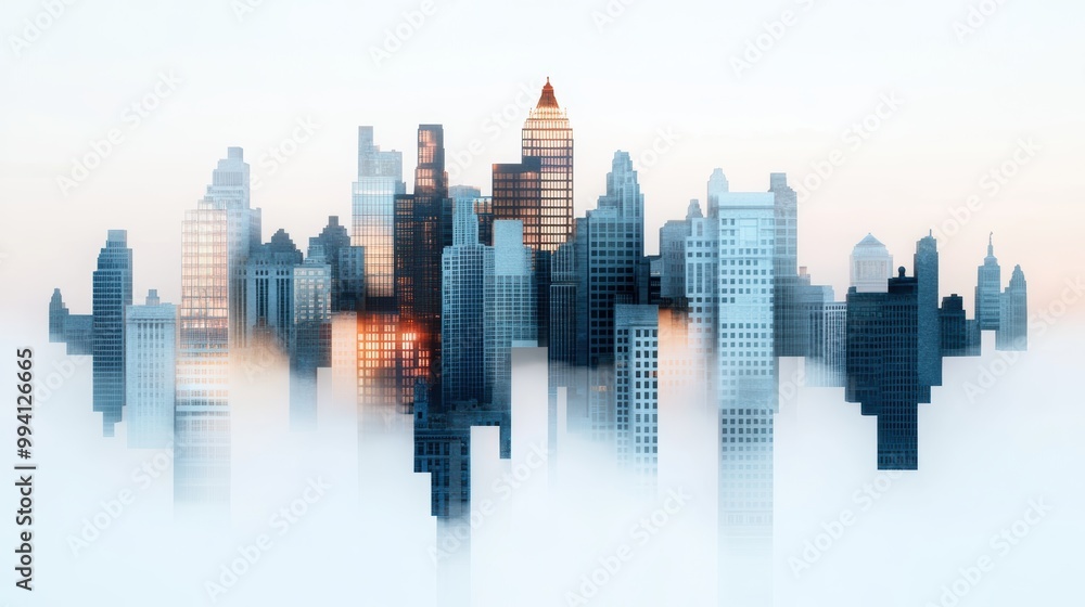 Fototapeta premium A cityscape composed of fragmented buildings, each frozen in a different moment of time, creating a sense of disjointed chronology.