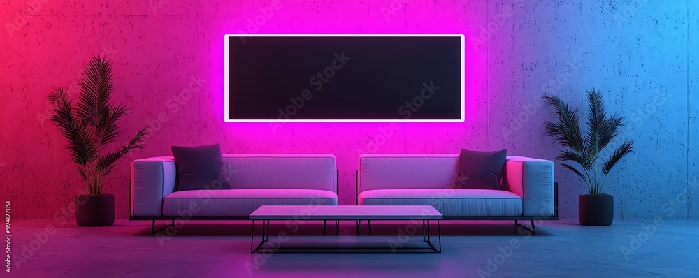 Modern living room with neon lighting, sleek sofa, and stylish decor, creating a vibrant and inviting atmosphere. Modern living room with neon lighting, sleek sofa, and stylish decor, creating a vibrant and inviting atmosphere.