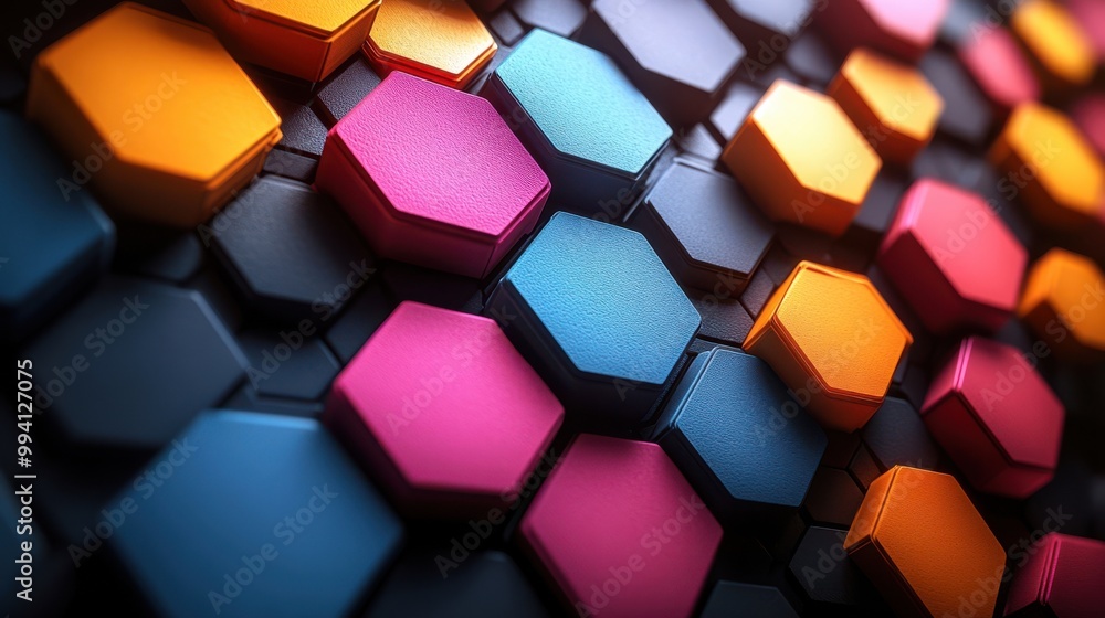 A geometric pattern of vibrant hexagons in hues of blue, pink, and orange, arranged in a symmetrical grid against a backdrop of dark grey, creating a captivating visual composition A geometric pattern of vibrant hexagons in hues of blue, pink, and orange, arranged in a symmetrical grid against a backdrop of dark grey, creating a captivating visual composition