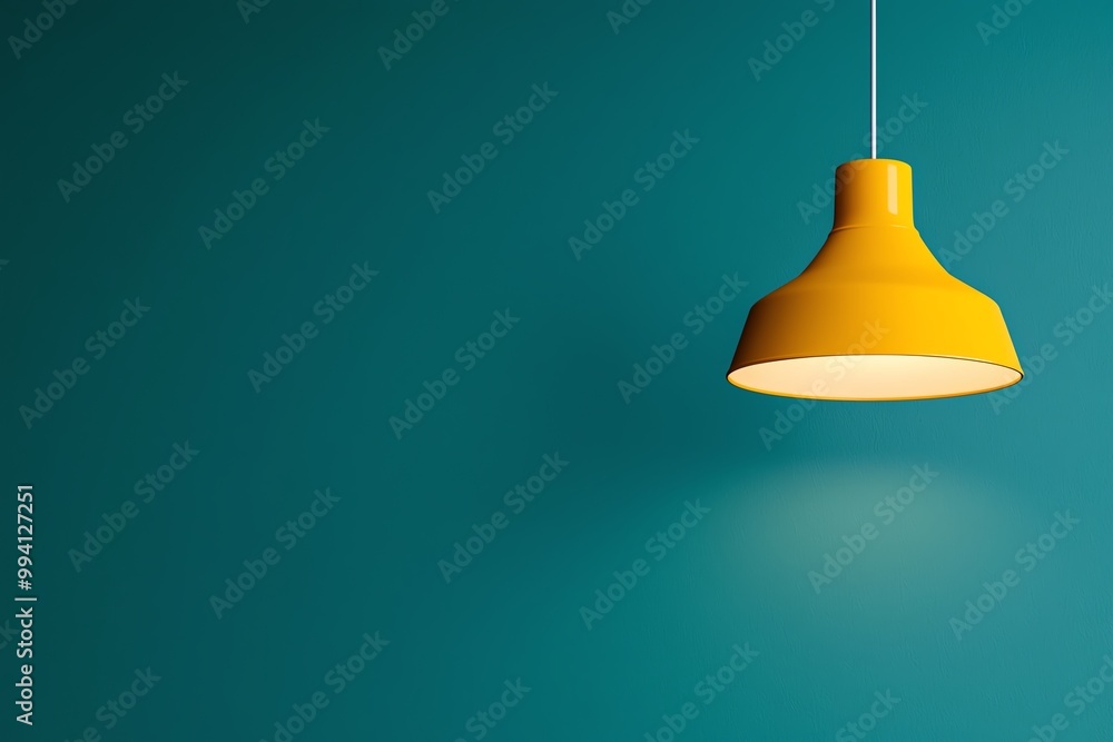 A vibrant yellow pendant lamp hanging against a teal wall, creating a warm and inviting atmosphere in modern interior design. A vibrant yellow pendant lamp hanging against a teal wall, creating a warm and inviting atmosphere in modern interior design.