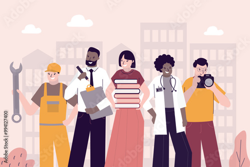 Set of smiling characters different professions. Portrait of professionals in various specialists on city background. Gender equality. Doctor, manager, repairman and others.