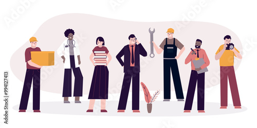 Set of smiling multiethnic characters different professions. Various specialists on white background. Gender equality. Doctor, manager, repairman, delivery man and others.