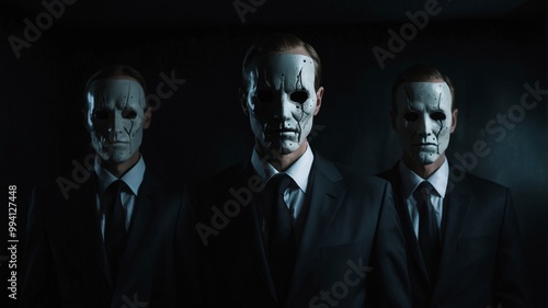 Mysterious men in suits wearing white masks