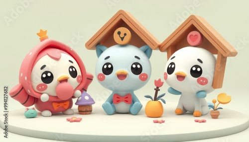 Three adorable cartoon characters with big eyes and cute expressions.