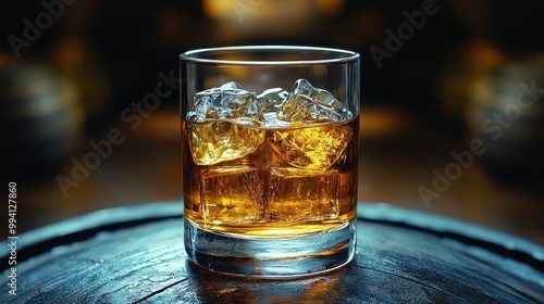 A glass of amber liquid with ice cubes, resting on a weathered wooden surface, reflecting warm light