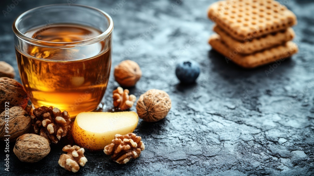 A glass of golden liquid sits amidst walnuts, a pear slice, and a single blueberry, a minimalist still life with a rustic charm A glass of golden liquid sits amidst walnuts, a pear slice, and a single blueberry, a minimalist still life with a rustic charm