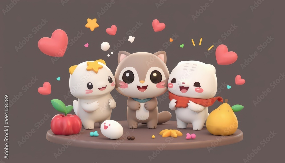 Three cute cartoon animals with hearts, fruit, and stars. Three cute cartoon animals with hearts, fruit, and stars.