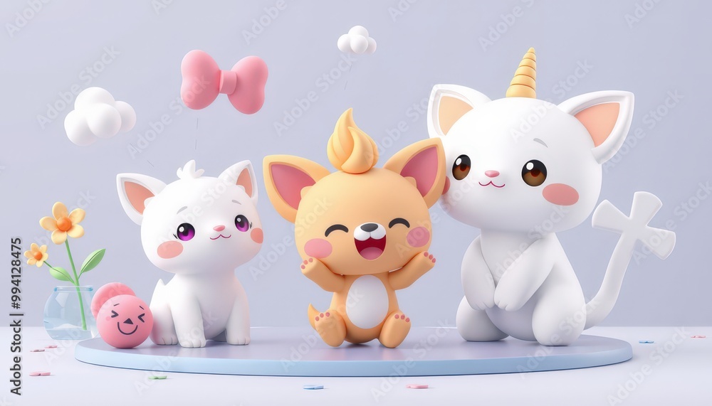Three cute cartoon cats on a blue platform, one with a unicorn horn. Three cute cartoon cats on a blue platform, one with a unicorn horn.