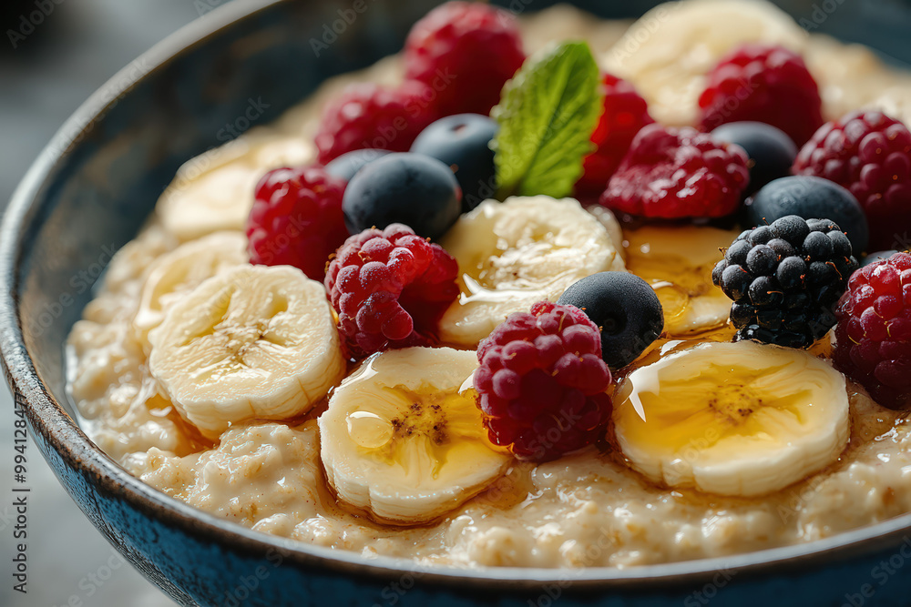 Delicious oatmeal topped with fresh berries and banana slices, drizzled with honey, served in a rustic bowl, perfect for breakfast. Delicious oatmeal topped with fresh berries and banana slices, drizzled with honey, served in a rustic bowl, perfect for breakfast.