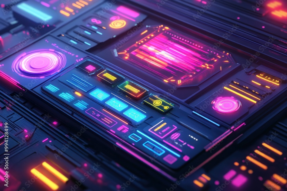 A futuristic control panel with vibrant neon lights and buttons, resembling advanced technology. A futuristic control panel with vibrant neon lights and buttons, resembling advanced technology.