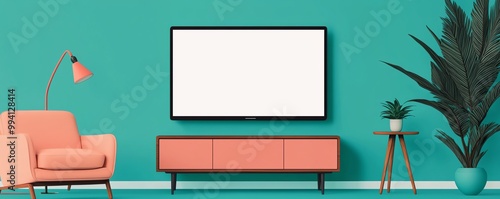 Wallpaper Mural Bright living room showcasing modern decor with a television, stylish couch, and greenery against a vibrant turquoise wall. Torontodigital.ca