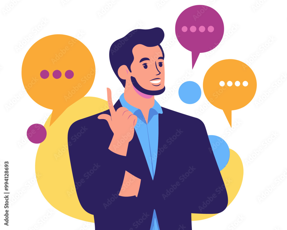 Confident Businessman Engaging in Public Speaking and Discussion with Multiple Speech Bubbles Concept Vector Illustration