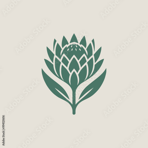 Protea. Beautiful flower. Logo, emblem, icon, sign. simple vector illustration. Green