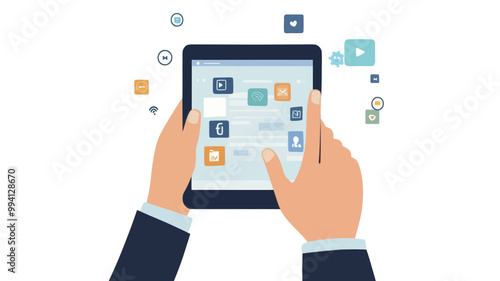 Businessman Using Tablet for Social Networking and Digital Marketing with Social Media Icons