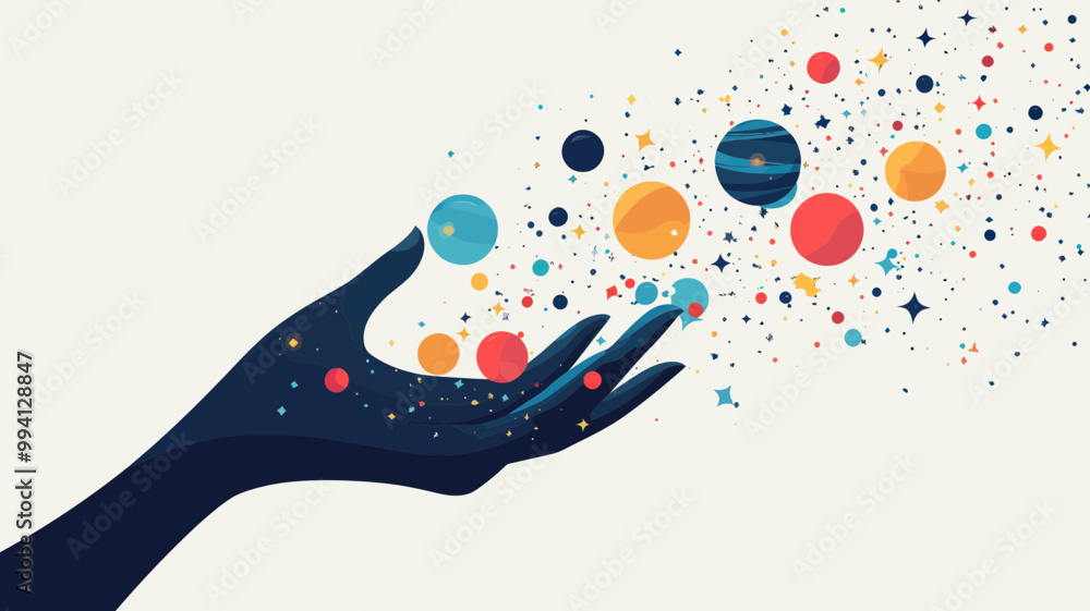 Obraz premium Abstract Hand Holding Cosmic Puzzle Pieces - Space, Planets, Stars, Vector Minimalist Art Concept