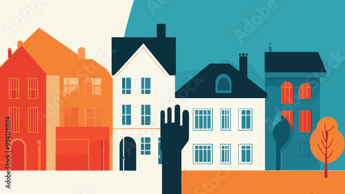 Illustrated Real Estate Concept with Colorful Houses and Hand Gesture, Flat Design Vector for Property Business and Housing Market