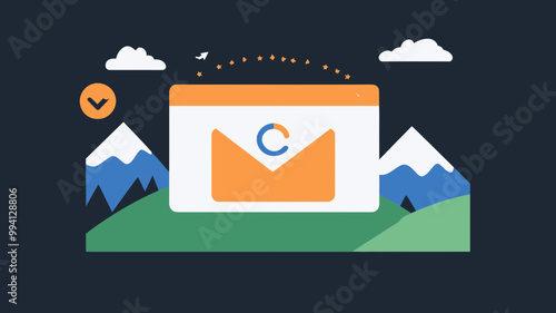 Modern Email Concept Illustration with Mountains and Clouds Background - Digital Communication, Web Mail Interface, and Icon Design