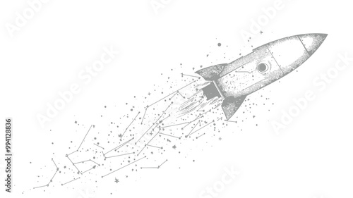 Abstract Line Art Rocket Illustration with Starry Sky in Minimalist Style - Space Exploration Vector