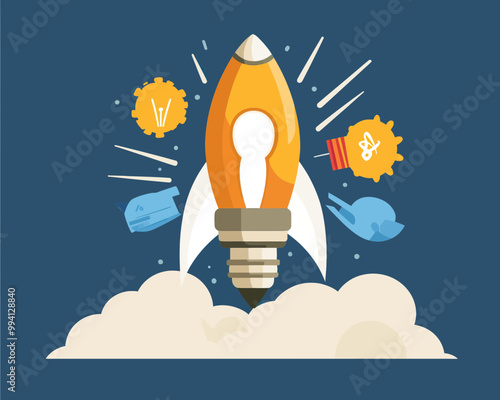 Innovative Rocket Launch from Lightbulb Concept for Entrepreneurship, Startup Creativity, and Business Breakthroughs, Flat Minimalist Vector