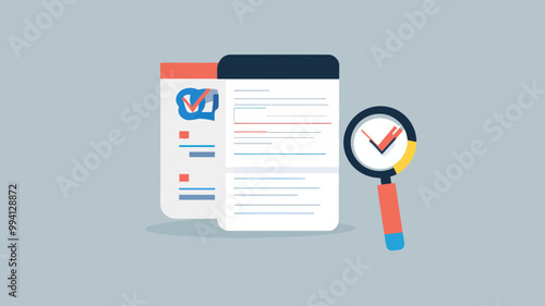 SEO Checklist Vector Illustration for Digital Marketing and Website Optimization Concepts Showing Documents and Magnifying Glass with Checkmark