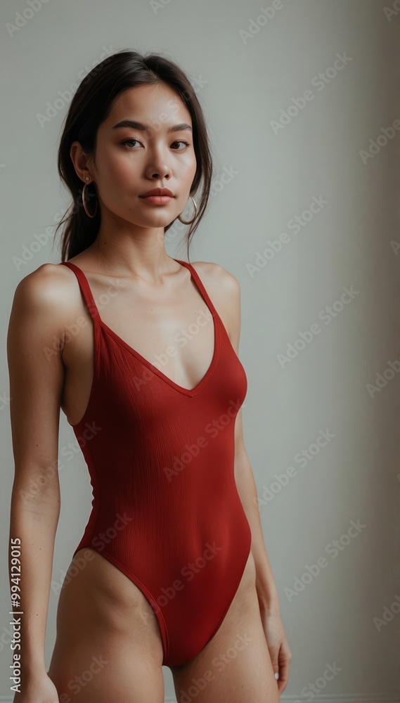 Woman wearing red one-piece swimsuit posing Woman wearing red one-piece swimsuit posing
