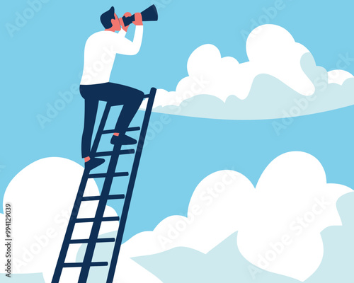 Businessman Climbing Ladder with Binoculars Searching for Job Opportunity in Minimalist Flat Vector Style Illustration