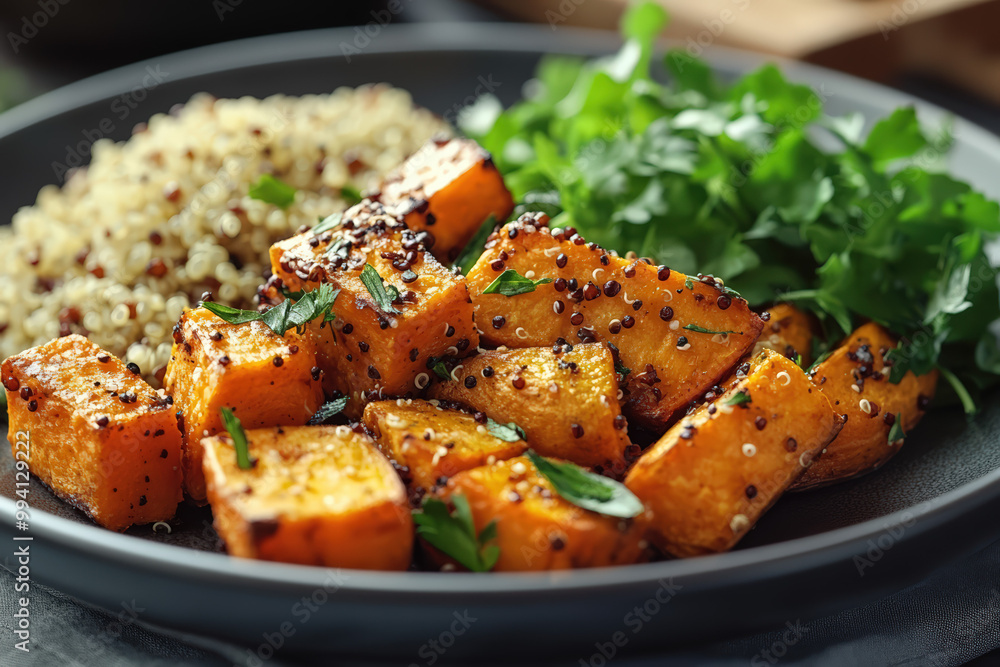 Vibrant plate of roasted squash, quinoa, and fresh herbs, showcasing a healthy and delicious meal option. Vibrant plate of roasted squash, quinoa, and fresh herbs, showcasing a healthy and delicious meal option.