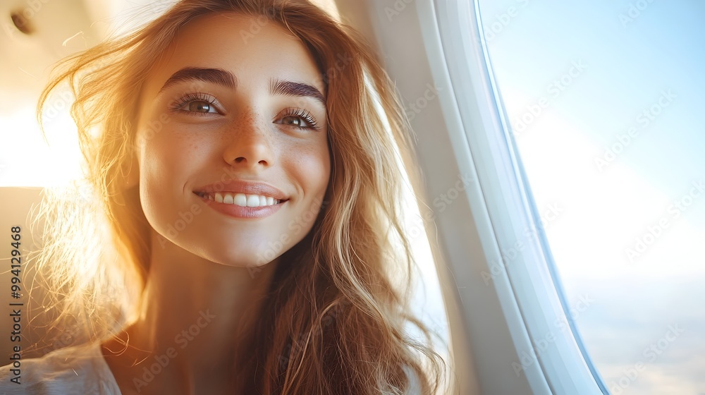 Joyful Woman Gazing Out Airplane Window at Endless Blue Sky and Serene Surroundings Joyful Woman Gazing Out Airplane Window at Endless Blue Sky and Serene Surroundings