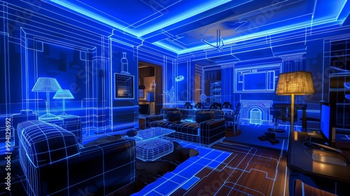 Modern living room concept illustrated as a digital 3D hologram wireframe. Blue neon lines outline furniture and decor, giving futuristic and high-tech aesthetic. Virtual design with glowing contours.