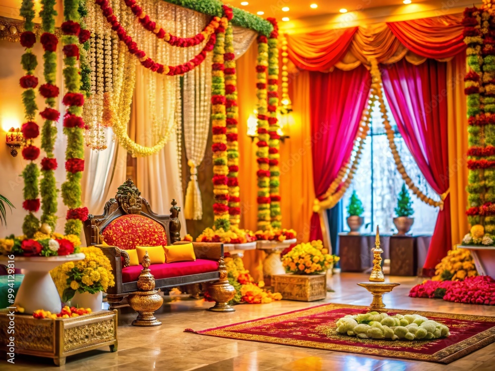Obraz premium Elegant Indian Wedding Decorations at Home Featuring Traditional Elements and Colorful Festive Accents