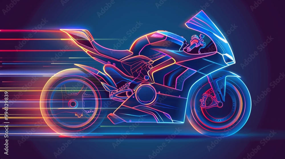 Fototapeta premium Neon-colored motorcycle in motion, depicted with a digital wireframe and holographic design. Speed and dynamism are emphasized through glowing lines and streaks,