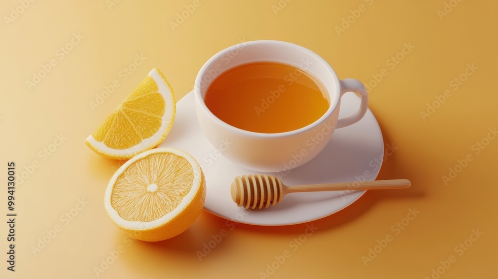 A cup of tea with lemon slices and honey on a plate, set against a warm background.
