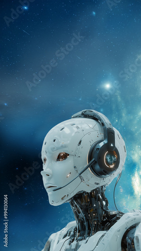 a robot call center agent wearing a headset with microphone interacting with online chat, outer space background