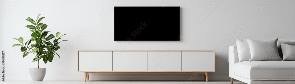 Obraz premium Modern living room interior with a sleek TV, minimalist furniture, and a decorative plant adding elegance to the space.