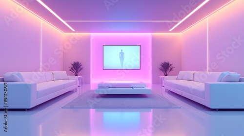 A modern living room featuring sleek furniture, vibrant pastel lighting, and a large television as a focal point.