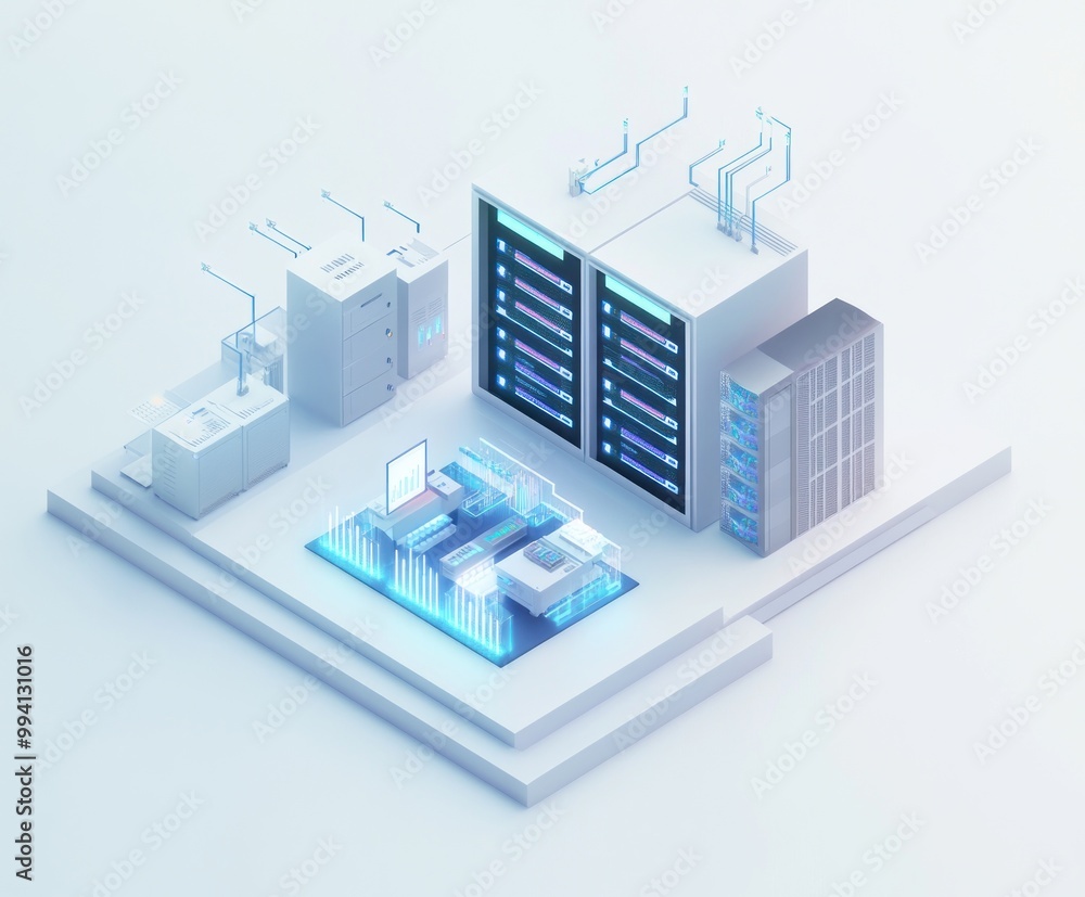 A stylized data center with servers, storage, and networking equipment. A stylized data center with servers, storage, and networking equipment.
