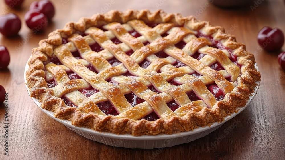 A golden brown lattice crust filled with sweet and tangy cherry filling, perfectly baked and ready to be enjoyed A golden brown lattice crust filled with sweet and tangy cherry filling, perfectly baked and ready to be enjoyed