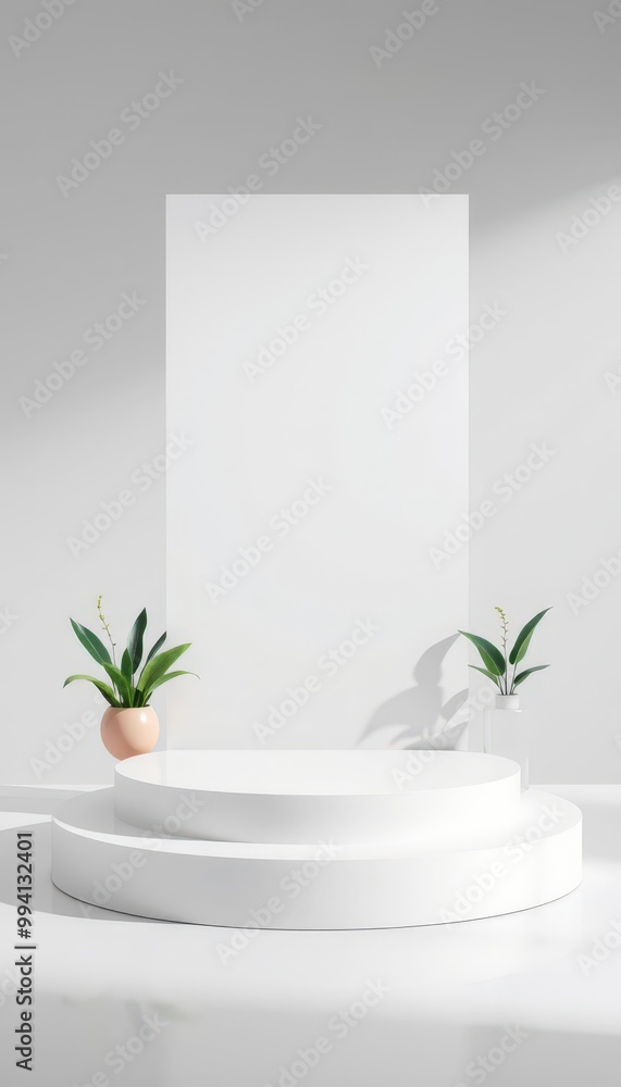 White minimalist product display with plants. White minimalist product display with plants.